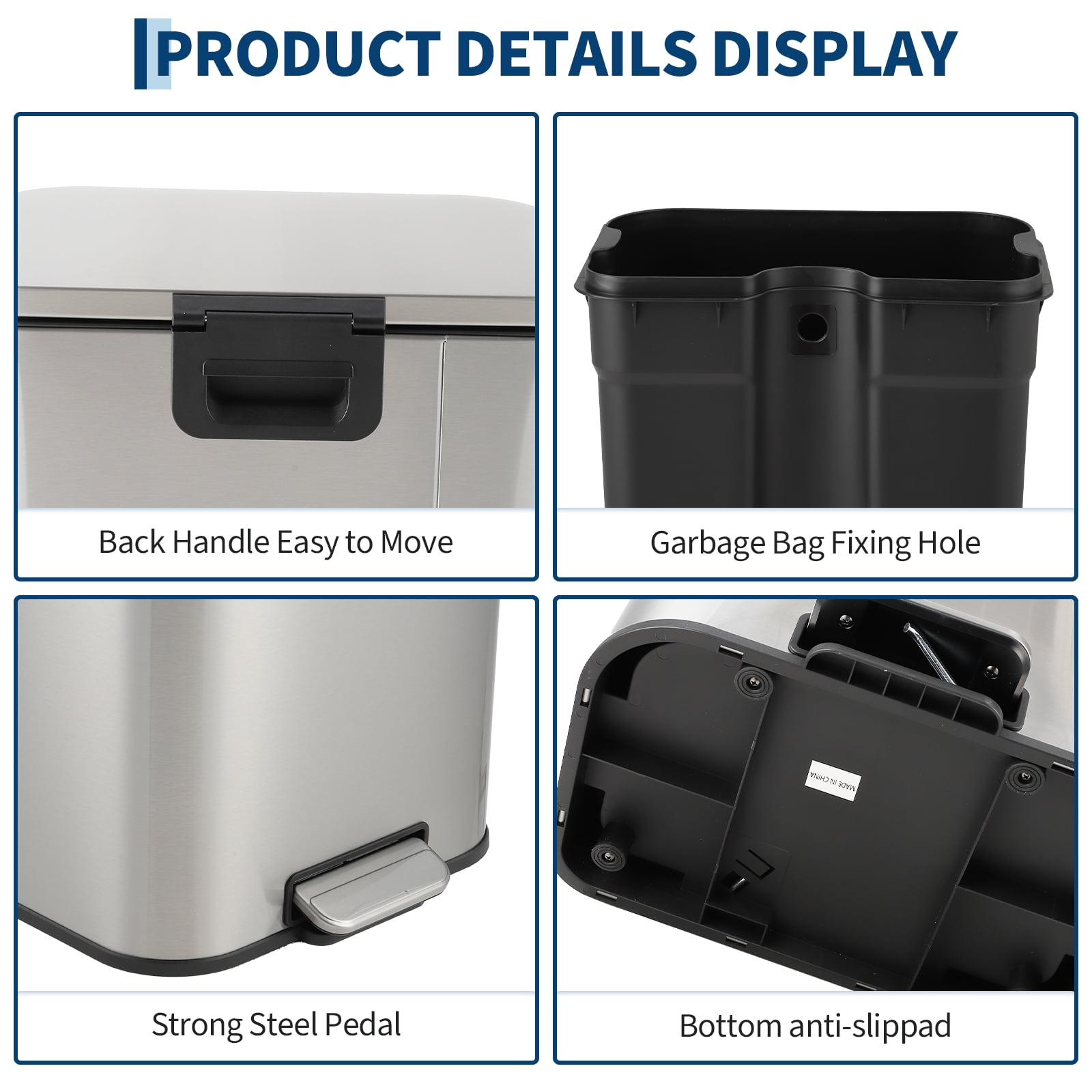 Trash Can for Kitchen, Stainless Steel Garbage Can with Soft-Close Lid, Removable Inner Bucket, Fingerprint-Proof Recycling Bin for Home Office Bedroom