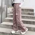 thumbnail image 4 of WhouRiu Girls Casual Cargo Pants Solid Color Elastic Waist Baggy Wide Leg Pants Kids Comfortable Daily Trousers With Pockets,11-12 Years, 4 of 6