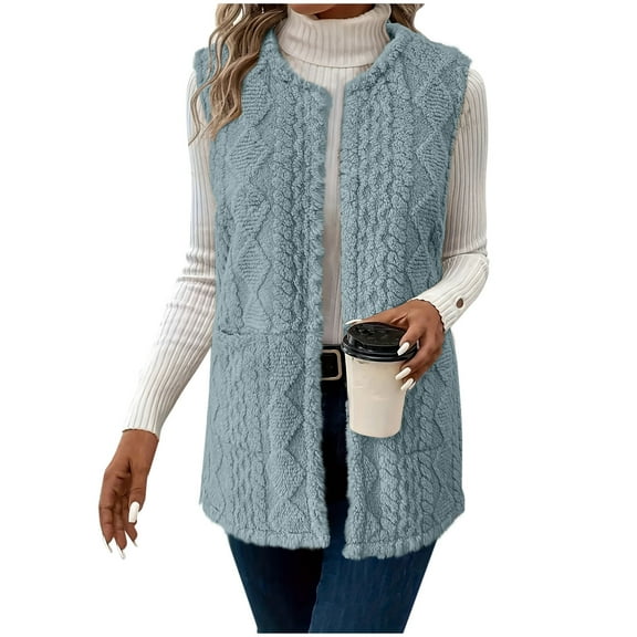 Htigea Fall Vests for Women Sherpa Sleeveless Cardigan Solid Open Front Outerwear with Pocket Soft Comfy Home Loungewear Coats Light Blue S