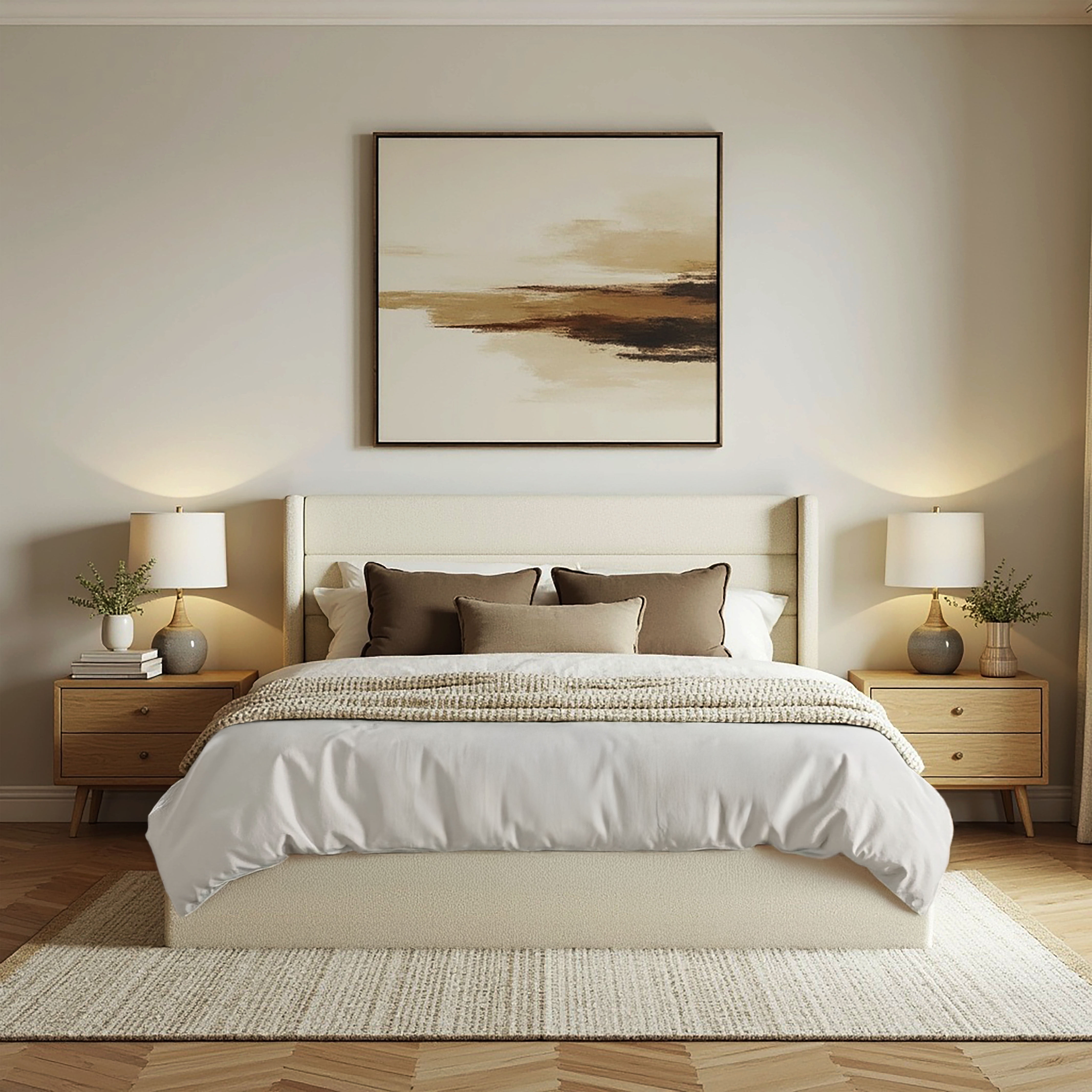 Aykah Zir Double Size Bed Frame with Storage, Upholstered Heaboard