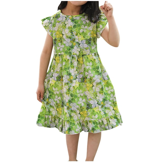 COM1950s Shorts pour Filles, Robe à Manches Courtes, Nouvelle Robe d'Été Mode pour Filles à Manches Courtes avec Volants, Poches, Col Rond, Robe Imprimée Robe Douce Camisole, Robe pour Bébé Fille, Robe d'Été pour Filles, Robe Camisole