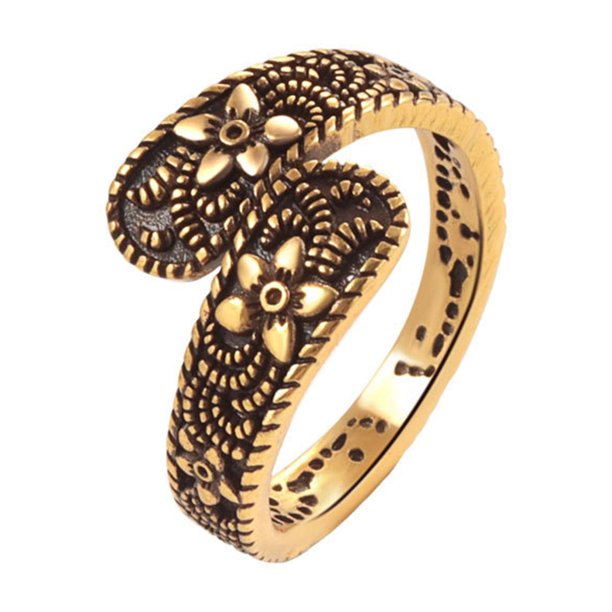 Vintage Flor Oxidado Anillo Abierto Tendencia Oro Asimétrico Envuelto Alrededor Del Dedo Moda Antigua Ajustable Personalidad Bohemia