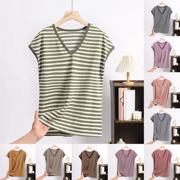 Women's Plus Size Casual V-Neck Stripe Pajama Top, Soft 100% Polyester for Summer and Lounge Wear, Easy Care Hand Wash Cold