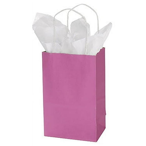SSWBasics Small Magenta Paper Shopping Bags - 5 ¼”L x 3 ½”D x 8 ½”H - Case of 100- Bags with Handles - Premium Paper Shopping Bags for Retail - Shopping Bags with Handles - Multiuse Paper Retail Bags