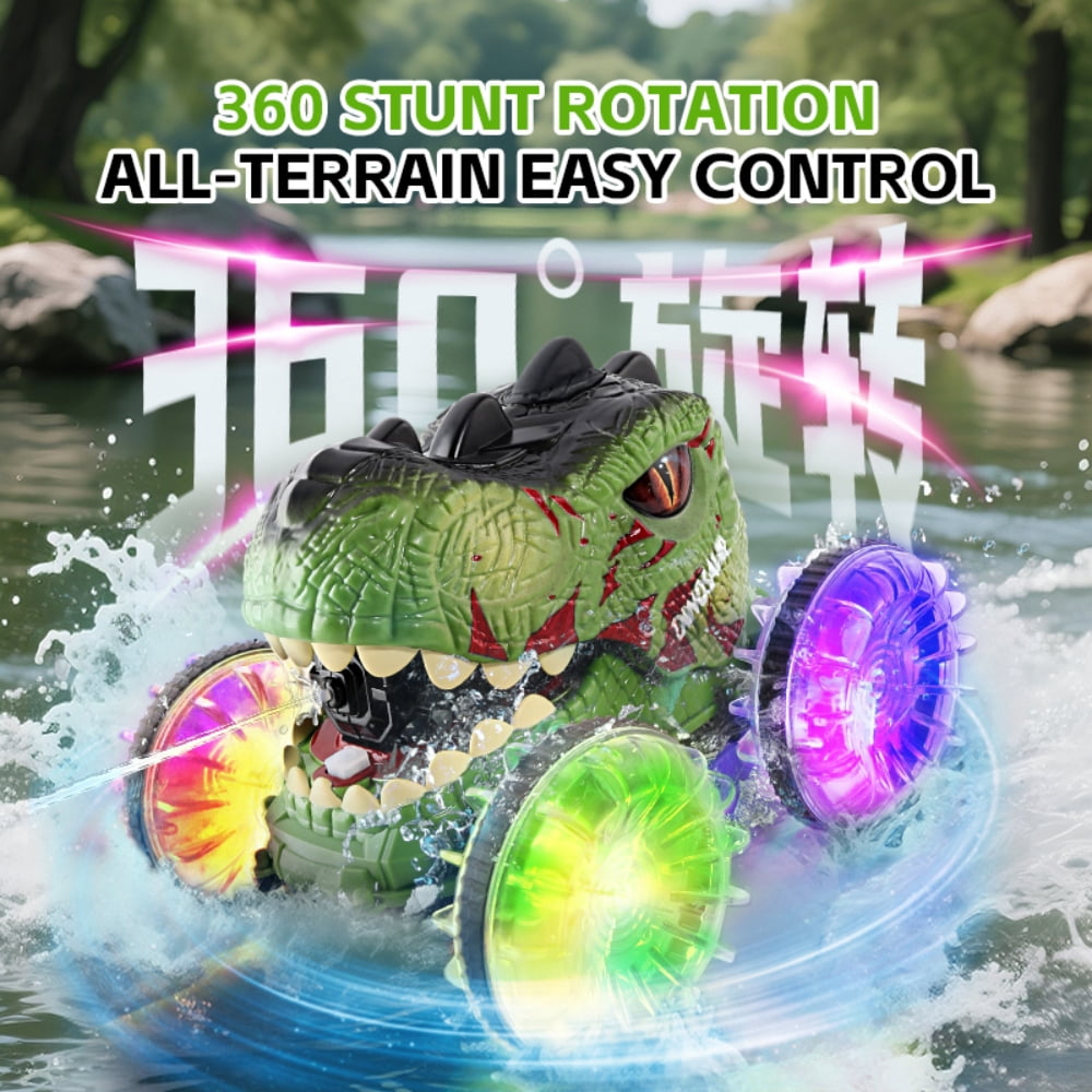 Aezusy Dinosaur Toy RC Cars for Kids, 360-Degree Rotation 4WD Stunt Vehicle with Water Spray, Christmas Gift for 4-12 Years Old for Boys Kids