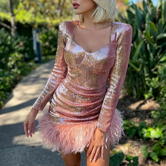 QWZNDZGR Ins Women's Sequin Fur Fur Dress Women's Design Sense Small Tight Long-Sleeved Buttock Skirt