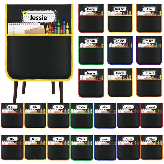 Natonhi 24 pcs Chair Pockets for Classroom, 16.5x17.5 Inch Seat Pockets for Classroom Chairs, Black Seat Sacks for Classroom Chairs with Name Tag, Back of Chair Organizer for Kids in Classroom