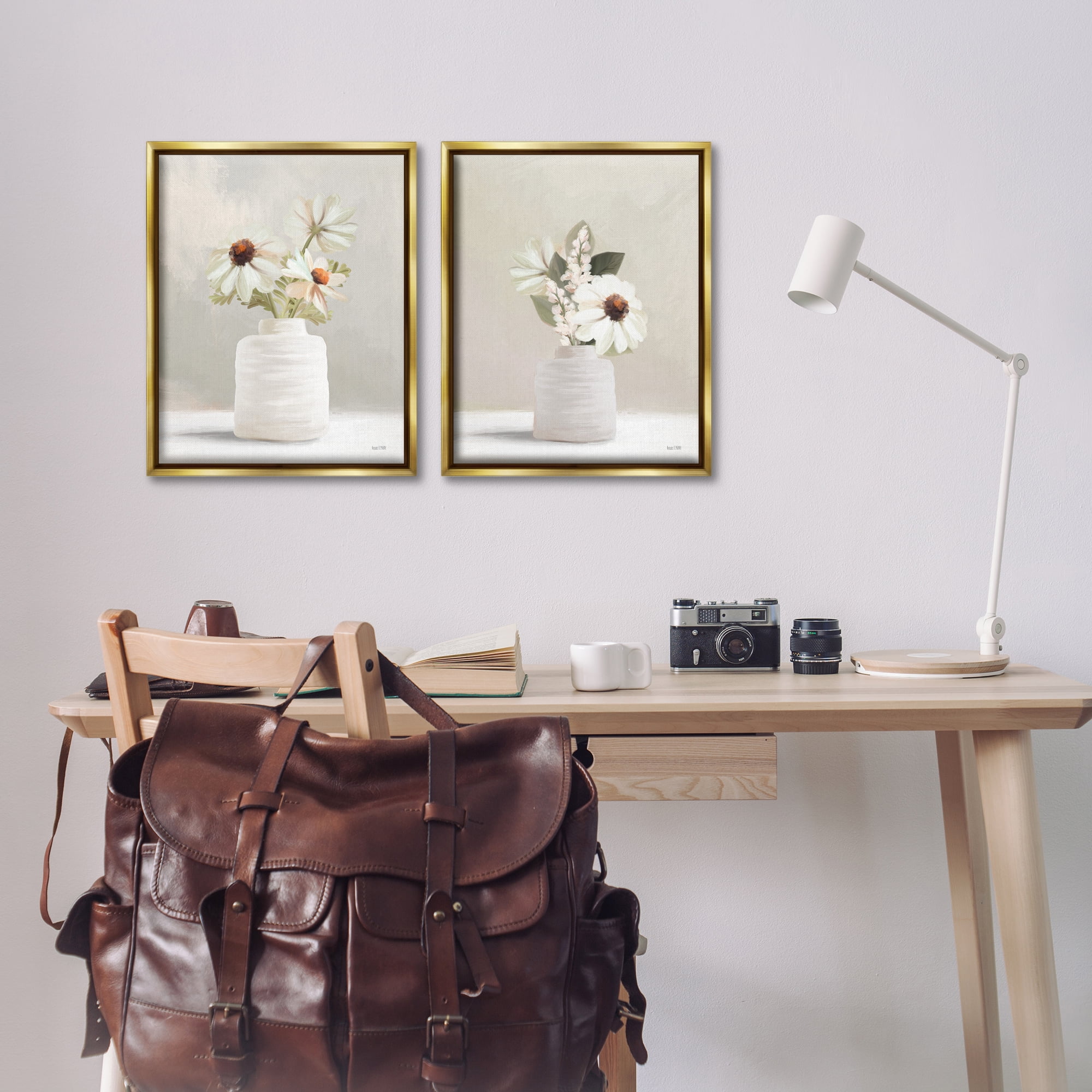 Stupell Industries Simply Elegant Floral Vase Plants & Flowers Painting Gold Floater Framed Canvas Art Print Wall Art, 17 x 21, Set of 2