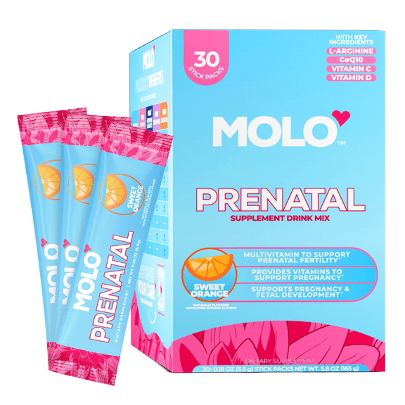 Molo Prenatal Multi-vitamin Drink Mix with CoQ10 & DHA, Sweet Orange, 30 Pack