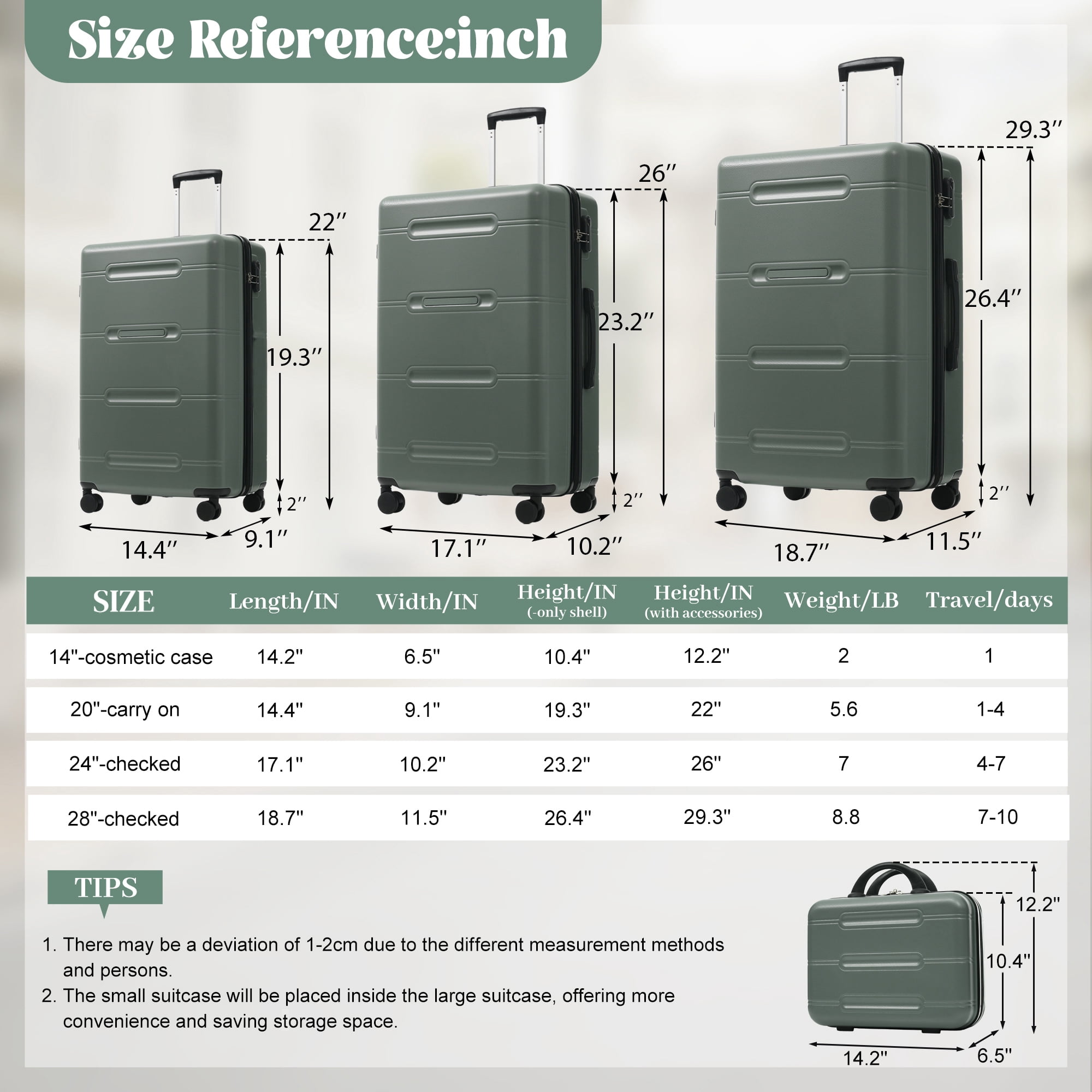 6 Piece Luggage Set,Lightweight Hardshell Suitcase with Double Spinner Wheels Handle Password Lock,14 IN Cosmetic Case 20/24/28 IN Luggages with Duffel Bag and Toiletry Bag