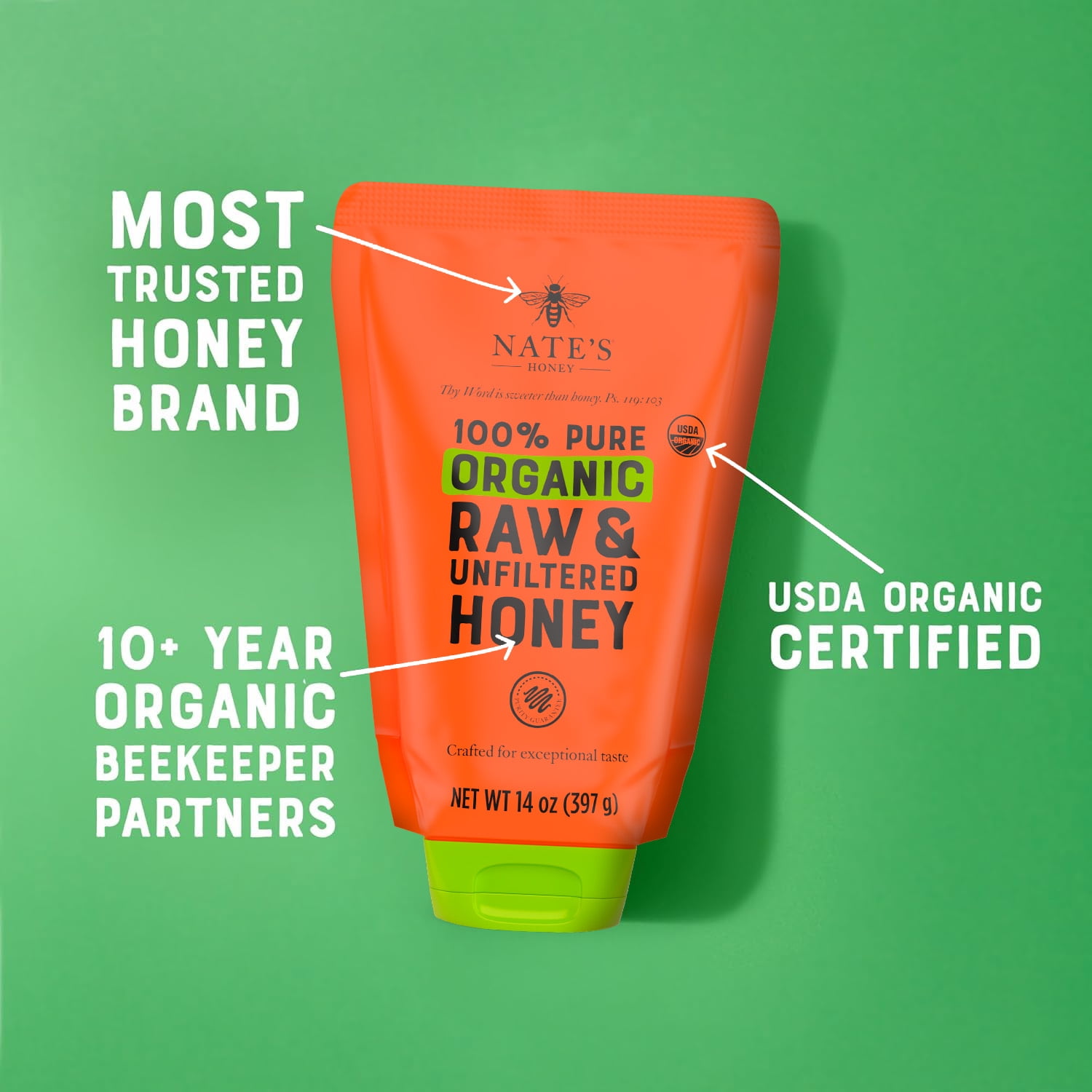 Nate's Organic Honey: 100% Pure, Raw, and Unfiltered Honey Pouch, 14 fl oz Pouch