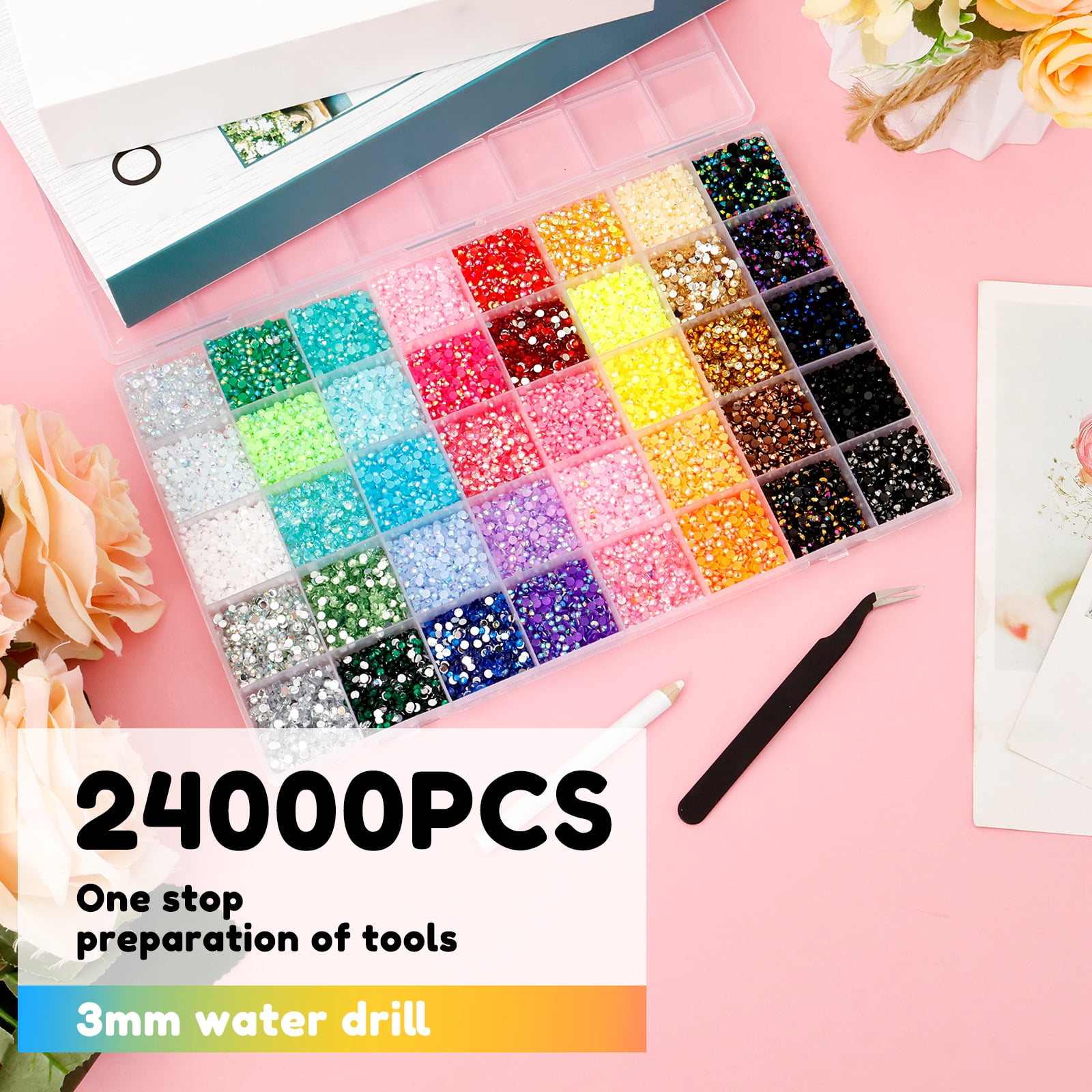 24000Pcs Resin Jelly Rhinestones for Crafting, Bedazzler Kit with Flatback Gems Rhinestones, 40 Color 3mm Flatback Gems for Diamond Art DIY Crafts Clothing Shoes Nail Art Decoration
