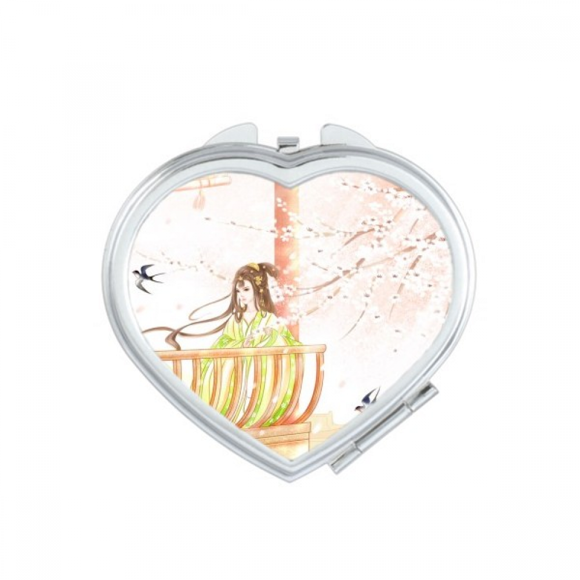 Xinghua Miroir de Poche Portable à Grossissement en Forme de Cœur Aquarelle Style Chinois