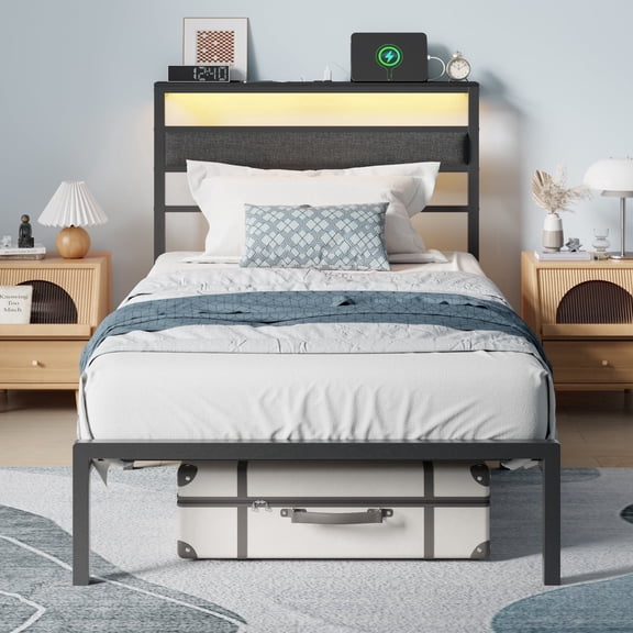 Satifur Twin Size Bed Frame with Upholstered Headboard & Shelf, LED Lights & USB Charging Station, Metal Black