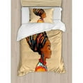 thumbnail image 3 of African Queen Size Duvet Cover Set, Ethnic Woman with Exotic Feather Earring and Scarf Zulu Hippie Artwork, Decorative 3 Piece Bedding Set with 2 Pillow Shams, Caramel and Marigold, by Ambesonne, 3 of 3