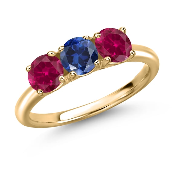 Gem Stone King 10K Yellow Gold Blue Created Sapphire and Red Created Ruby Engagement Ring for Women | 1.80 Cttw | Round 5MM | Gemstone September Birthstone | Size 9