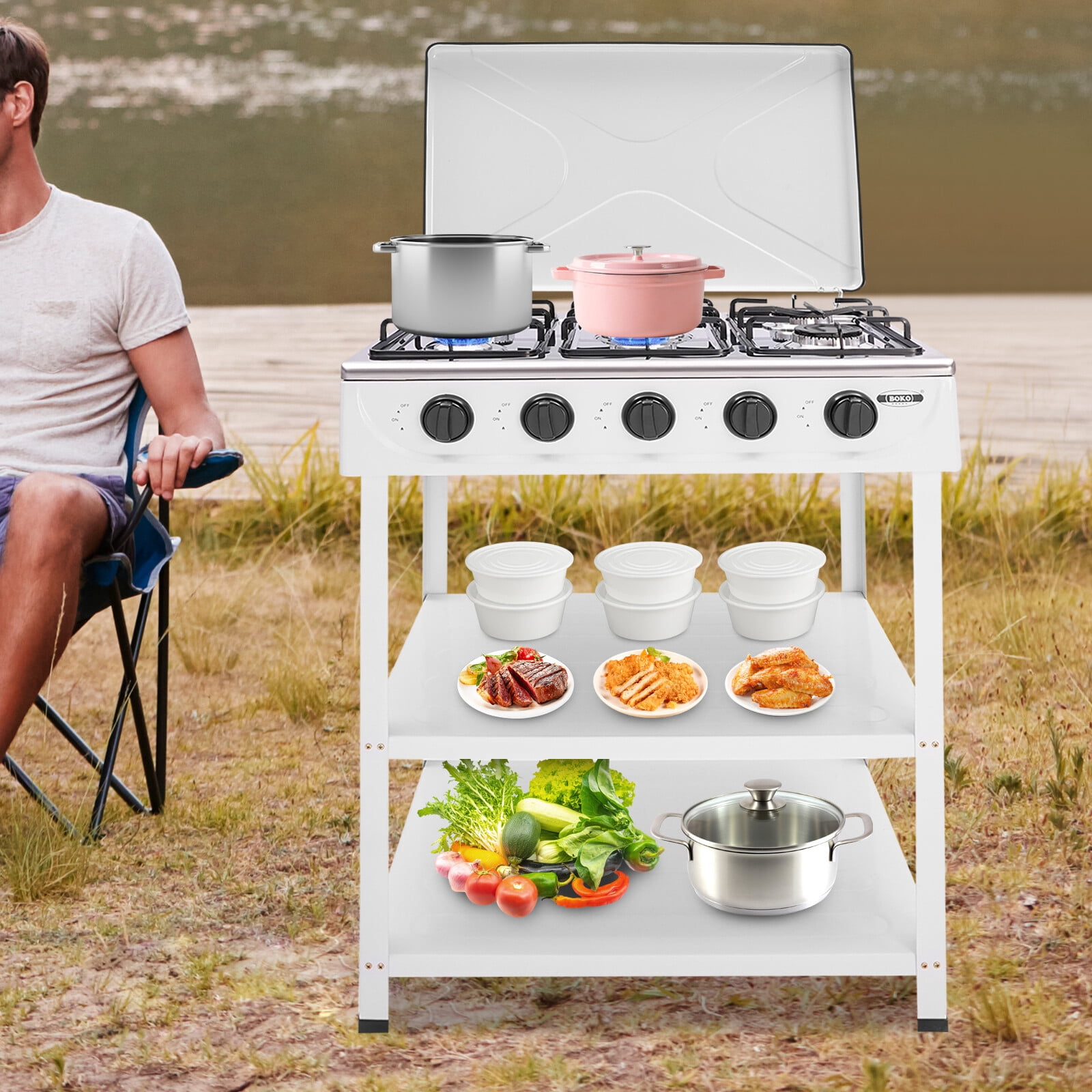 5 Burner Propane Gas Stove with Support Leg Stand and Wind Blocking Cover, Manual Ignition Camping Stove for Outdoor Cooking, RV Travel（White）