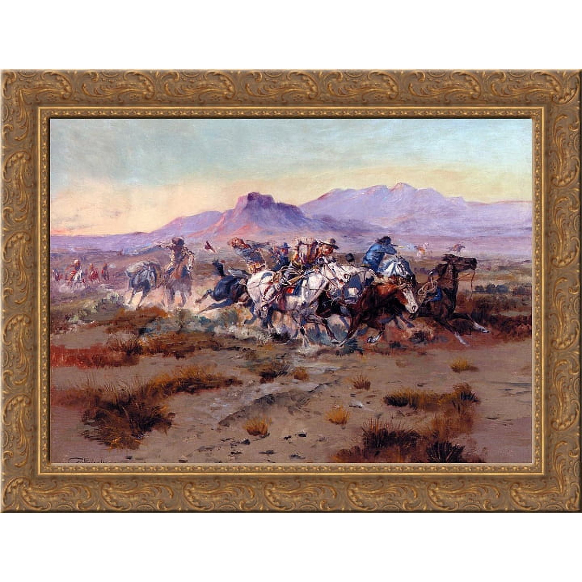 The Attack 24x18 Gold Ornate Wood Framed Canvas Art by Charles M. Russell