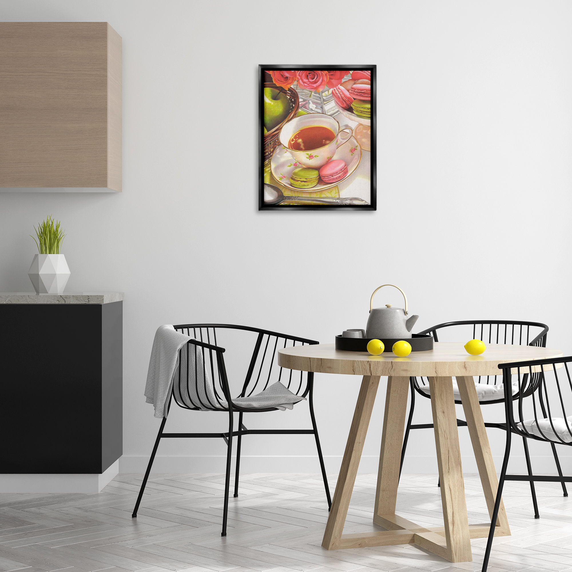 Stupell Industries Tea with Macarons Food & Beverage Painting Black Floater Framed Art Print Wall Art, 17 x 21