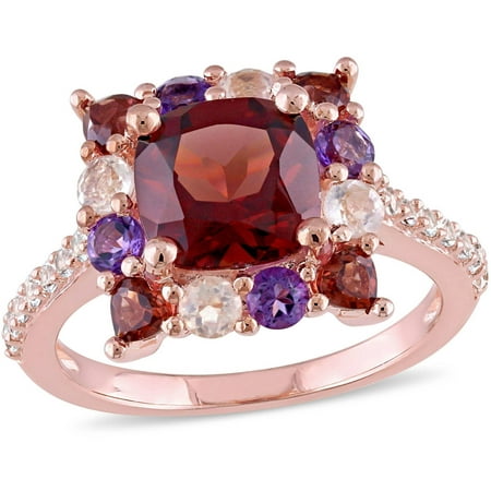 Tangelo 4-3/4 Carat T.G.W. Garnet, Amethyst and Rose Quartz with White Topaz Rose Rhodium over Sterling Silver Halo Cocktail Ring
