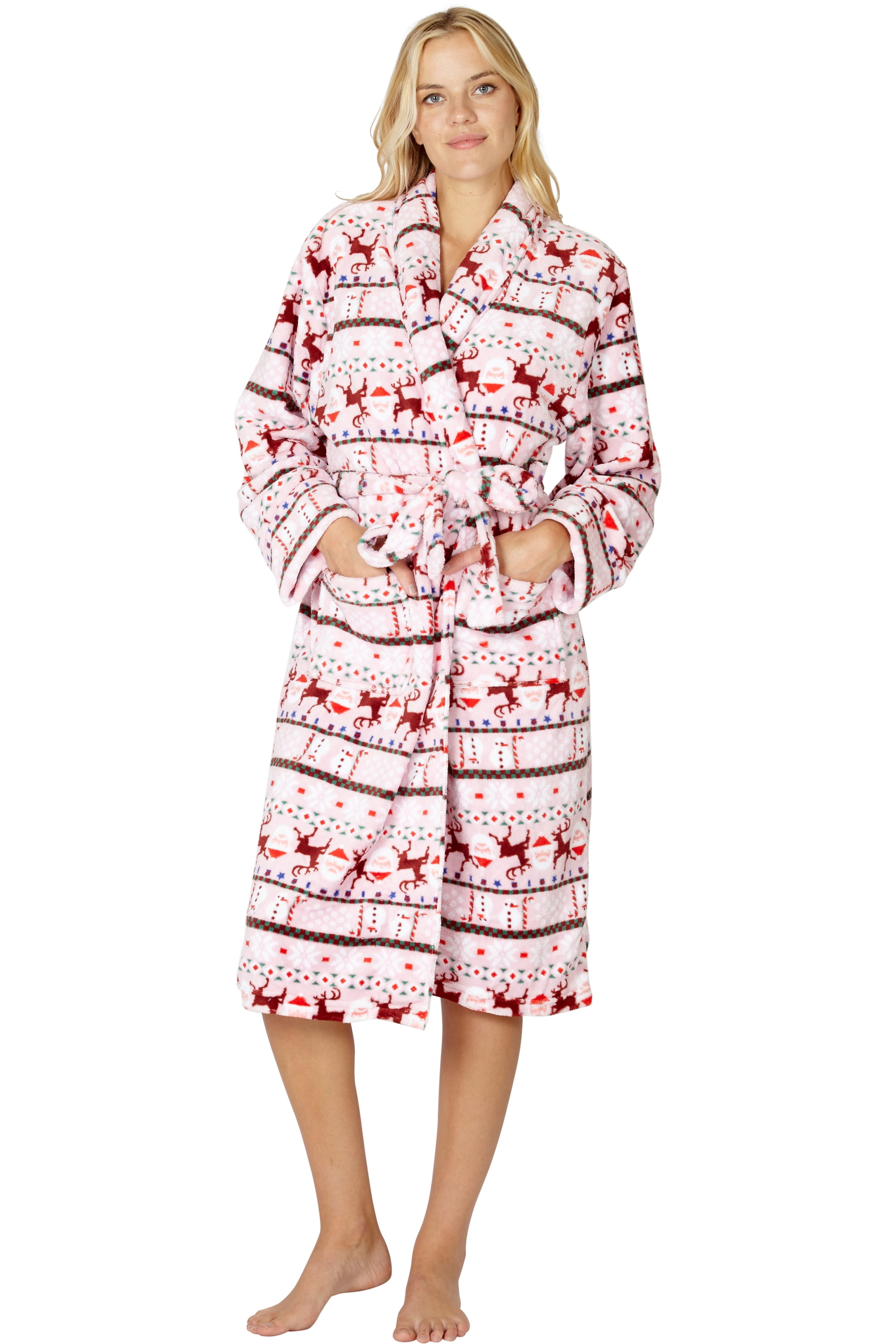 INTIMO Womens Reindeer Holiday Robe, Pink, S/M