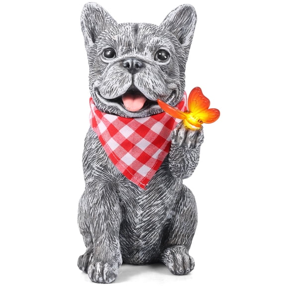 Solar French Bulldog Garden Statue, 10-Inch Resin Outdoor Frenchie Decor with Light-Up Butterfly, Dog Memorial Gifts for Patio & Yard