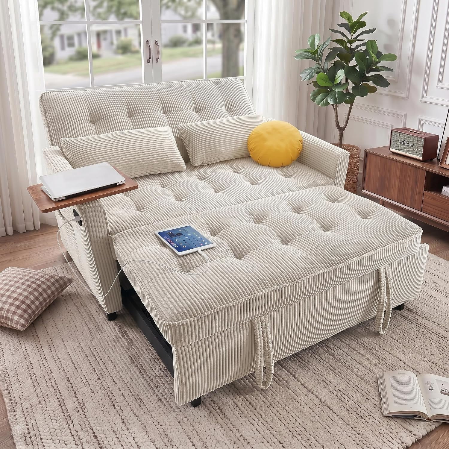 55" Sleeper Sofa Bed, Convertible Pull Out Couch with Side Stand, USB Ports, Side Pockets, Corduroy Fabric, Adjustable Backrest, Beige