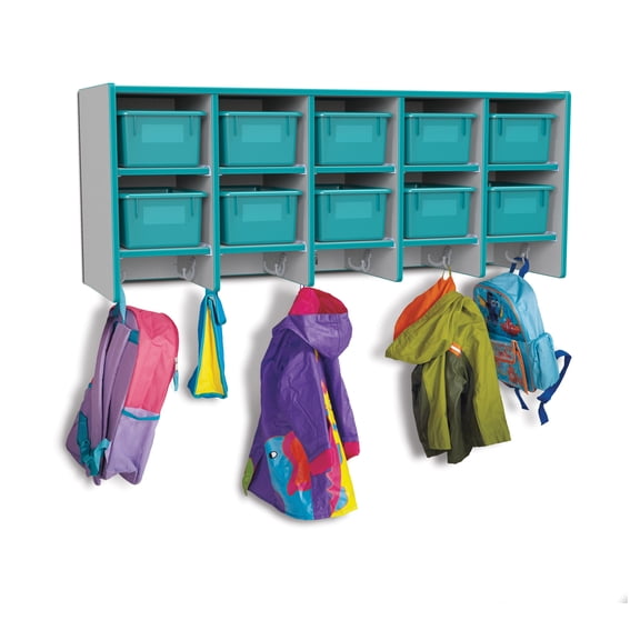 10 Section Wall Mount Coat Locker - with Trays - Teal