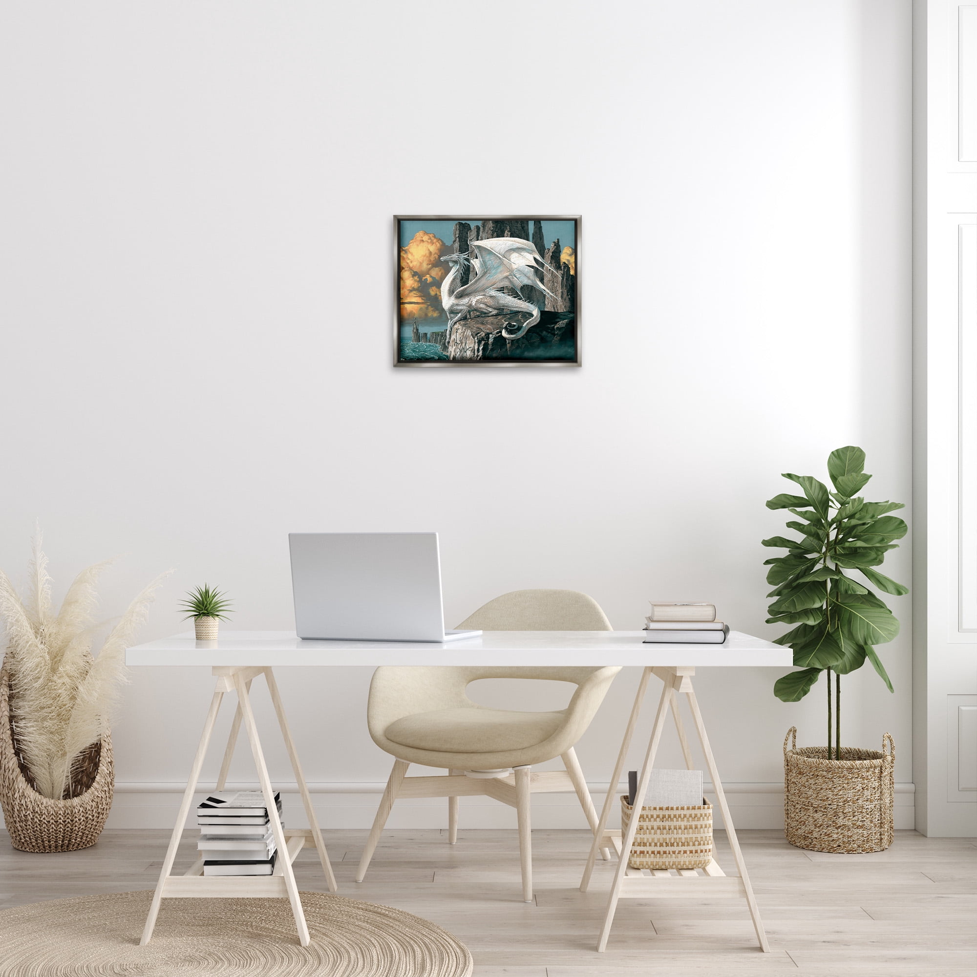 Stupell Industries Dragon Perched on Cliff Fairy Tales & Fantasy Painting Gray Floater Framed Canvas Art Print Wall Art, 21 x 17