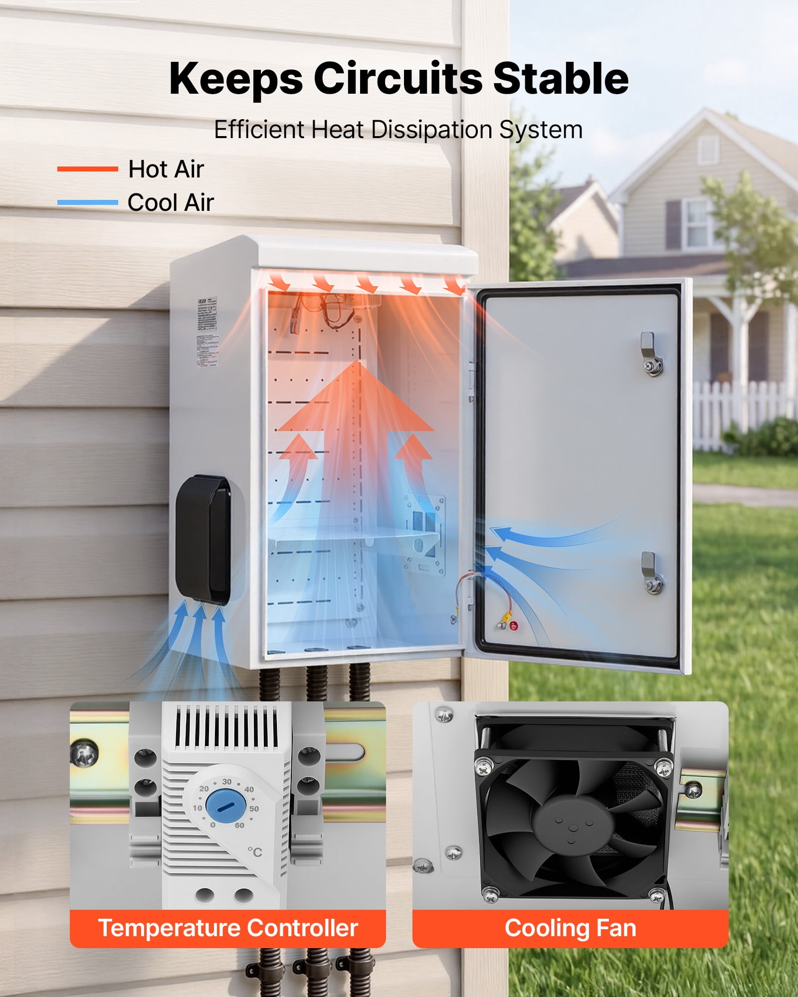 VEVOR Outdoor Electrical Box, Cold-Rolled Steel, Electrical Junction Box with Thermostat and Fan, Rain Hood, Ventilated Design, IP65 Waterproof Hinged Enclosure, Wall/Pole Mounted, 24 x 16 x 12 in