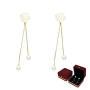 Camellia Flower Chandelier Dangle Drop Stud Celebrity Design Earrings with Imitation Pearls with Jewelry Box