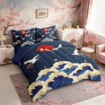 thumbnail image 2 of Manfei Traditional Crane Bedding Comforter Set for Home, Blue Wave Sun King Bedding Sets for Office, Blue White Red, Navy Reversible 7pcs, 2 of 6