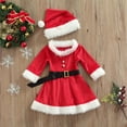 thumbnail image 2 of 3Pcs Little Girls Christmas Skirt Set, Fluffy Stitching Boat Neck Long Sleeve Dress + Hat + Waist Belt Suit, 2 of 7