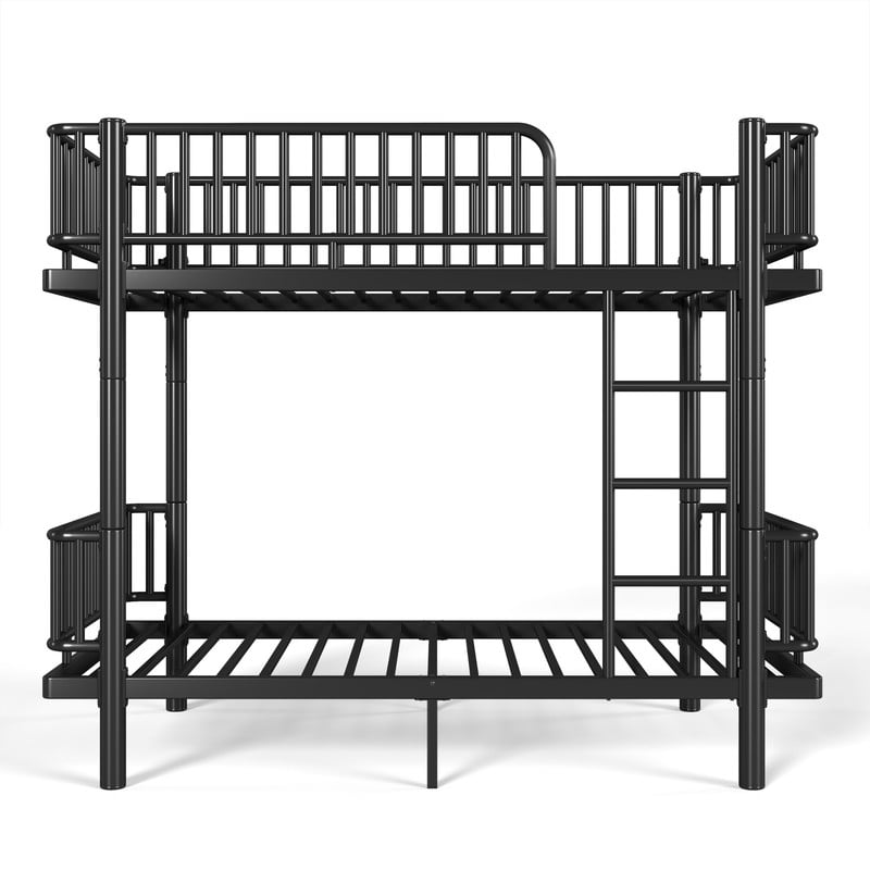 Twin-over-Twin Teens Bunk Bed Can Transformed into 2 Platform Beds, Metal Kids Bed Frame with Round-Pipe, Ladder & Guardrails