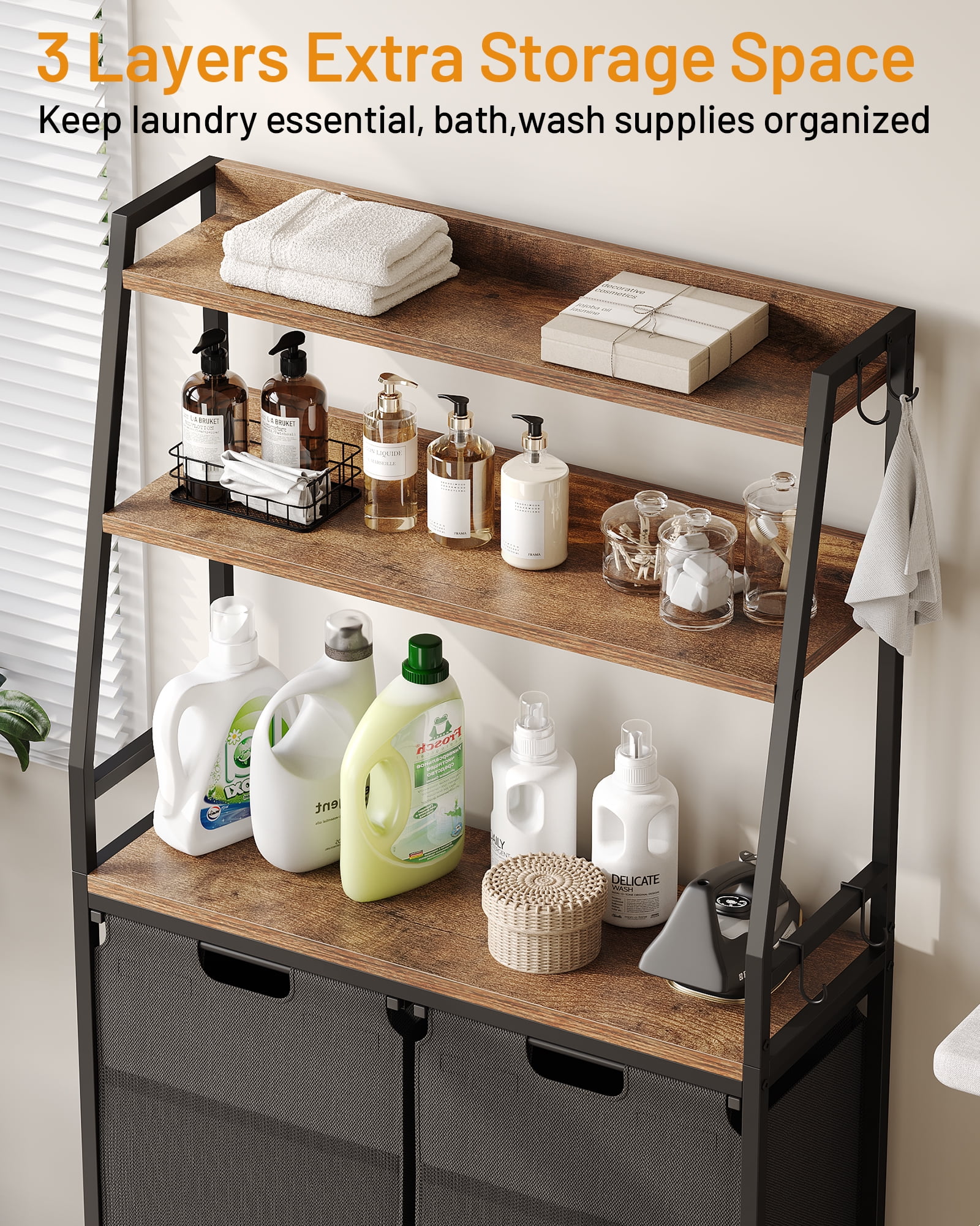 GIKPAL 2 Section Laundry Hamper, 170L Laundry Basket with 3 Shelves Laundry Sorter, Freestanding Laundry Organizer with 4 Hooks & 2 Removable Washable Bags & Side Pockets for Bathroom Dorm