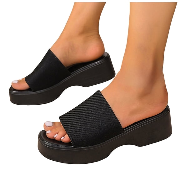 Rokment Womens Platform Dress Slides Sandals Beach Summer Trendy Casual Stretchy Square Open Toe Chunky Wedge High Heels Comfortable Walking Slip on Black Size 6
