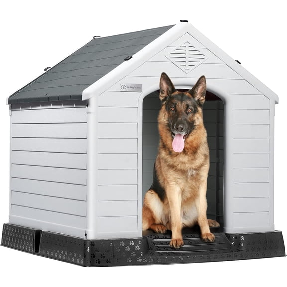 LEMBERI Durable Waterproof Plastic Dog House for Small to Large Sized Dogs, Indoor Outdoor Doghouse Puppy Shelter with Elevated Floor, Easy to Assemble (Gray, 42''L*38''W*39''H)