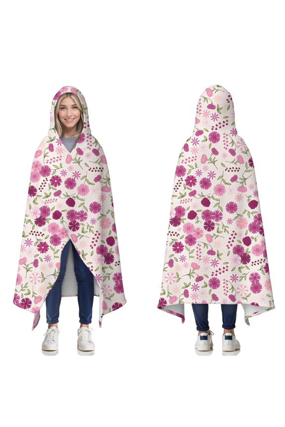 Wearable Blanket,Pink Pioneer Flower Pattern Hooded Wearable Sherpa Blanket for Adults & Teens,Winter Poncho Shawl Wrap Cape Thick Warm,50"x60"
