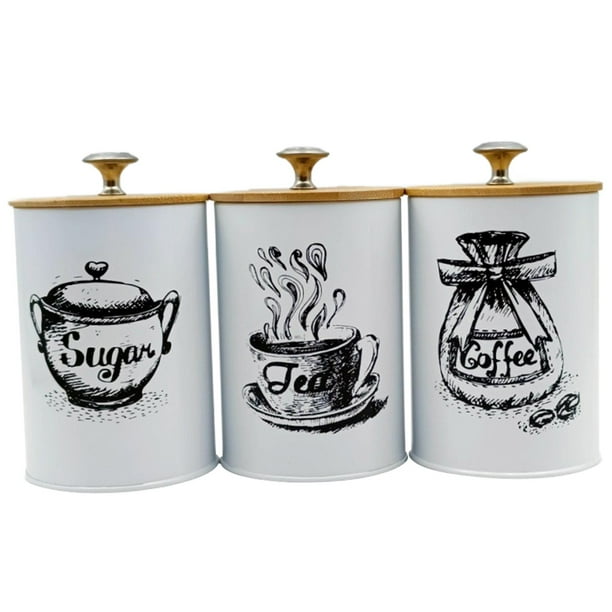Juego de 3 recipientes para café, té y azúcar, botes de cocina, organizador de decoración de hierro Blanco
