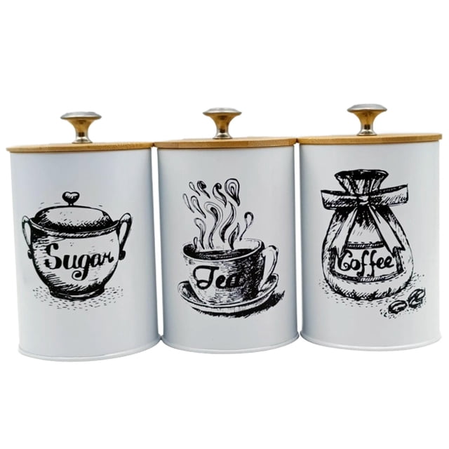 Abbracc 3Pcs Coffee Tea Sugar Containers Set Kitchen Canisters Set Iron Decor Organizer White