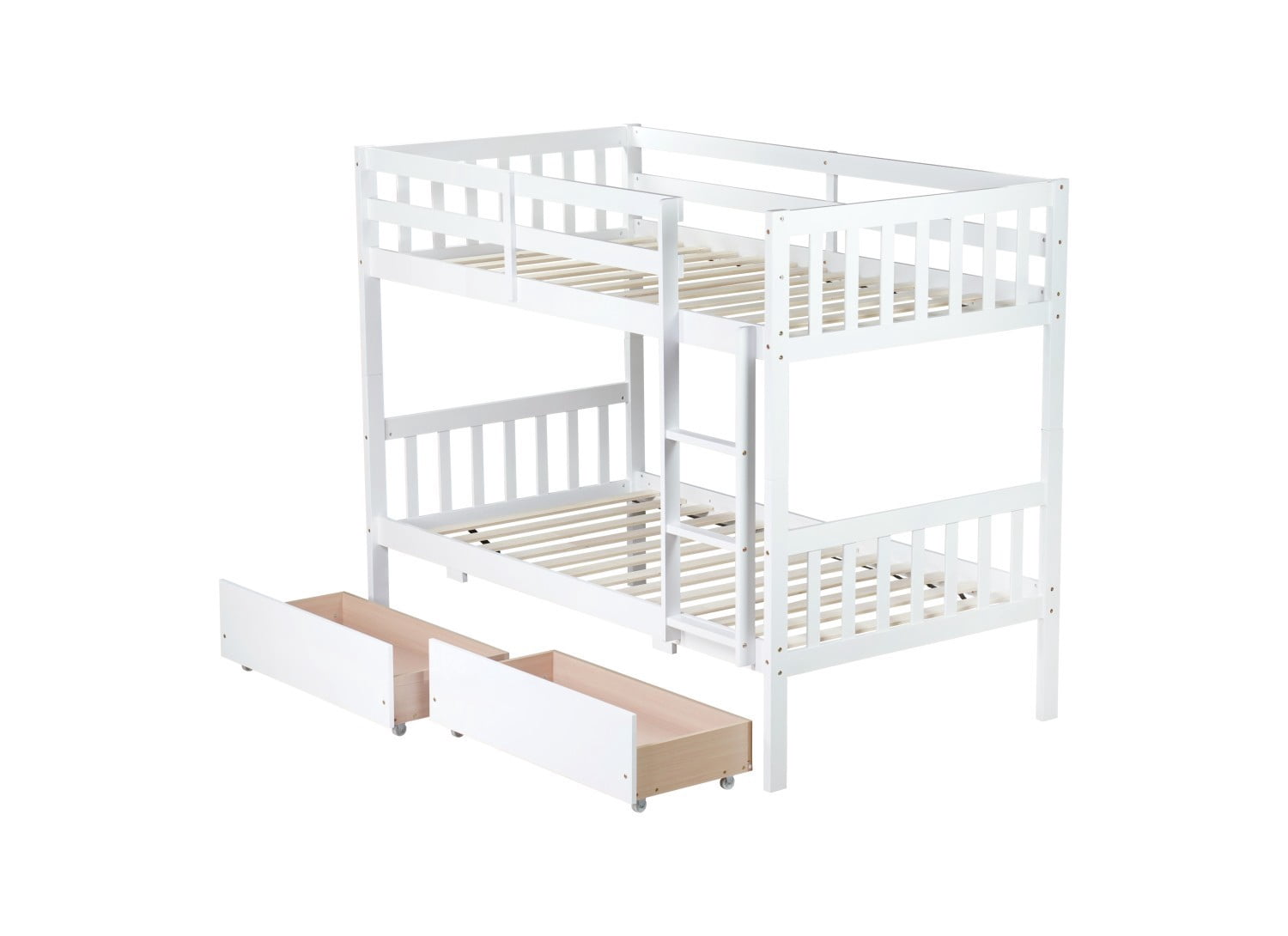 Twin Over Twin Rubber Wood Bunk Bed with Storage Drawers, Convertible Wood Bunk Bed Frame with Safety Guardrails and Ladder, Space Saving Kids Bed for Bedroom, White