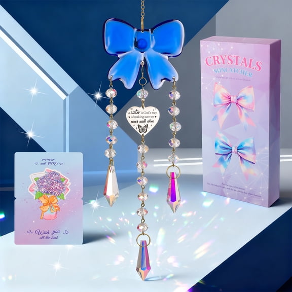 Armscye Blue Bow Crystal Suncatcher, Valentine's Day Gifts, Sister Gift with 4 Chains and Engraved Tag, Delicate Rainbow Maker, Best Garden Decor Gift, Outdoor Hanging Ornament