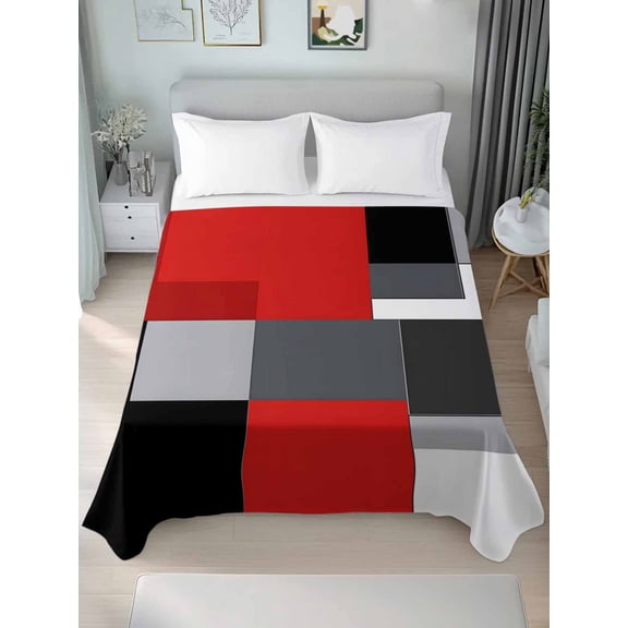 Red Black Grey King Size Flat Sheet, Wrinkleproof & Fadeproof Cooling Flat Bed Sheet Only, Abstract Modern Irregular Geometric Breathable Soft Bedding Top Sheets 105 x 98 Inches