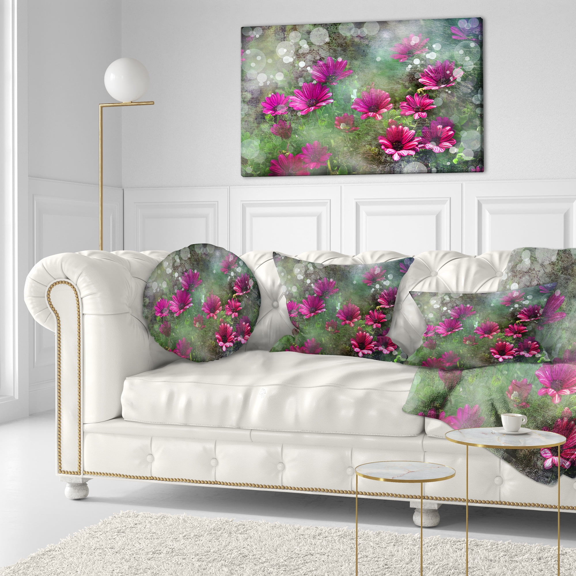 Designart Red and Pink Flowers on Green - Floral Throw Pillow - 12x20