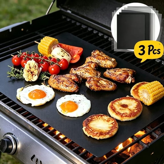 3 Pcs Non-Stick BBQ Grill Mats, Reusable Heavy Duty Barbecue Cooking Mat, Easy Clean Grill Baking Mat, Compatible with Gas Charcoal Electric Outdoor Grills(15.75×12.99in)