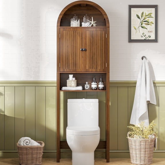 Over The Toilet Storage Cabinet, Arched Cabinet Shelf Organizer with Adjustable Shelves and Fluted Doors, Walnut
