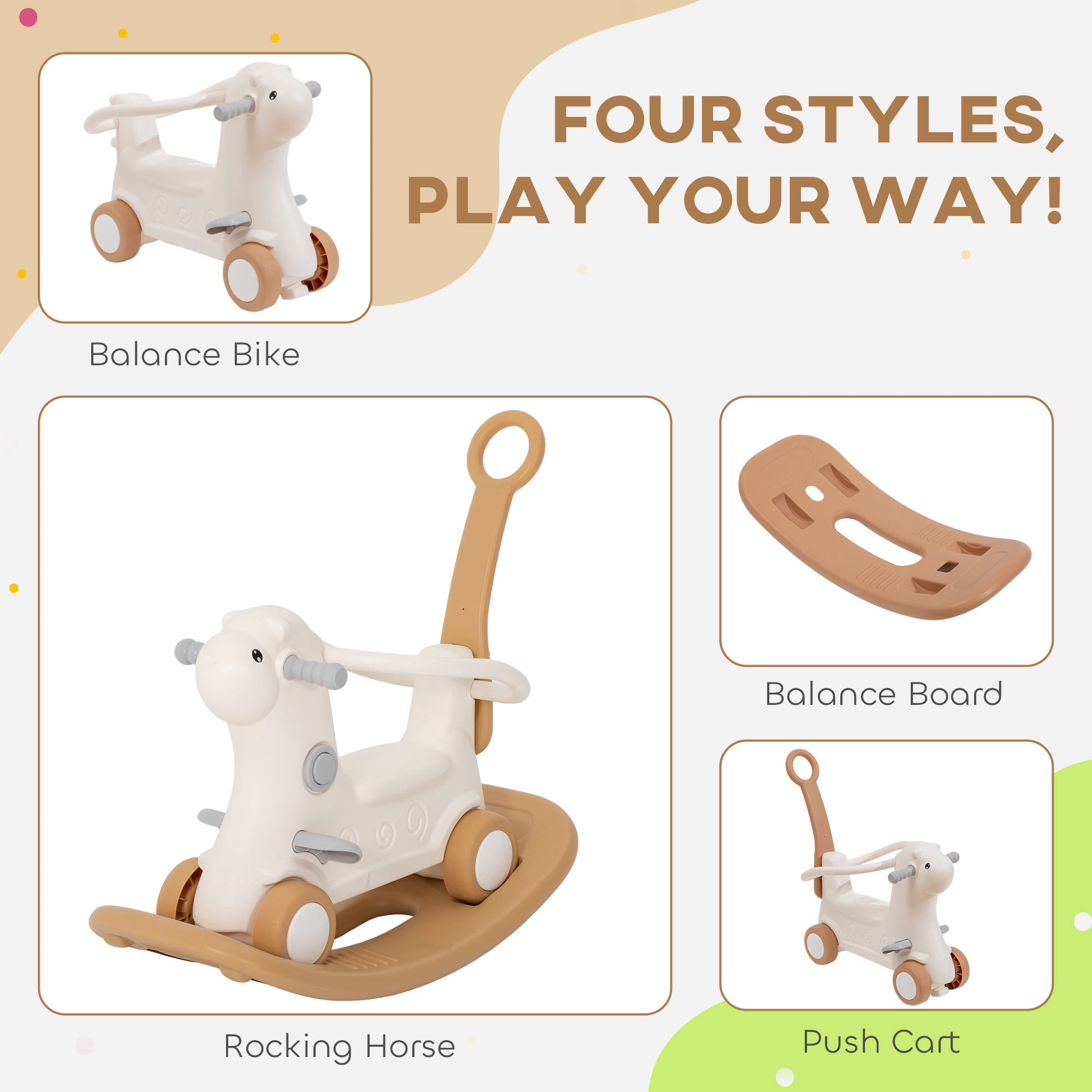 4 in 1 Toddler Rocking Horse, Alpaca Design Rocker Balancer Slider Walking Assistant, ASTM/CPSIA Certified HDPE with Safety Guardrail Silent Wheels