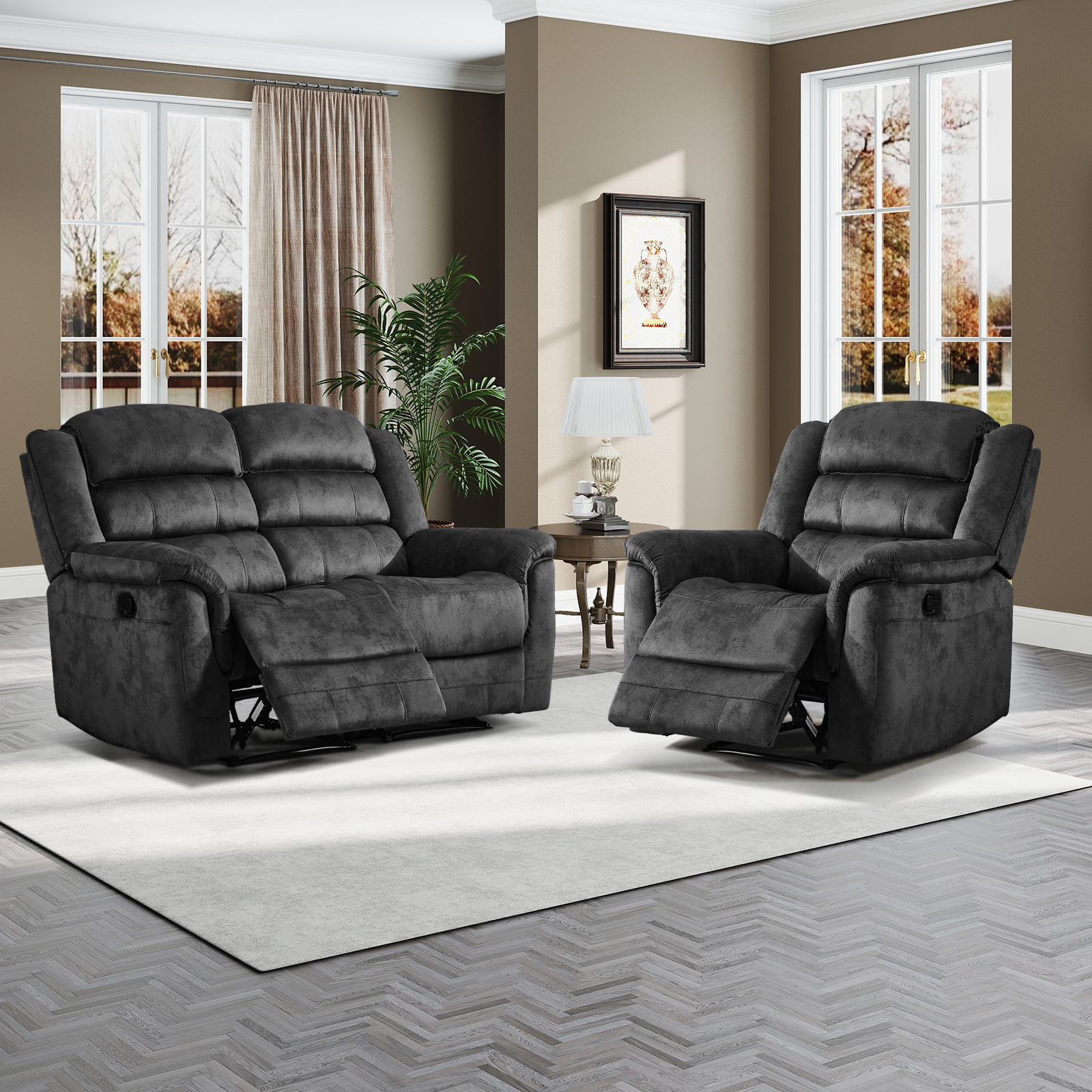 Bonzy Home Recliner Sofa Set – Cloth Reclining Living Room Furniture Set with Single Recliner Chair & Loveseat Gray