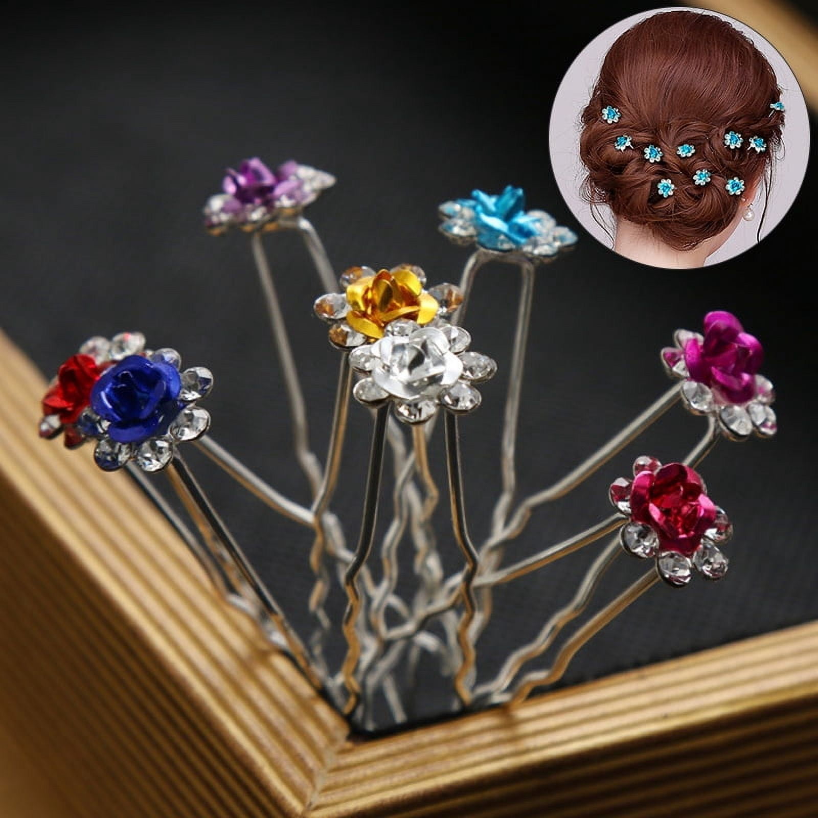 20Pcs Metal U-shaped Hairpin Crystal Flower Bridal Tiara Hair Jewelry Hair Clip Fork Wedding Headpieces Hair Stick Accessories