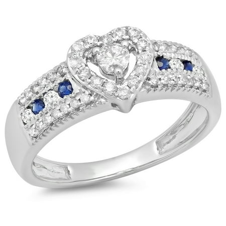 0.55 Carat (ctw) 14K White Gold Round Cut Blue Sapphire & White Diamond Ladies Bridal Heart Shaped Promise Engagement Ri
